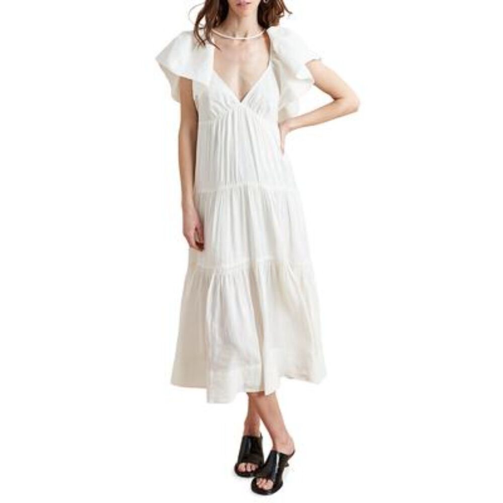 La Ligne Women's LLC13374 Size Large Ivory Linen Stella Maxi Dress Tiered NWT